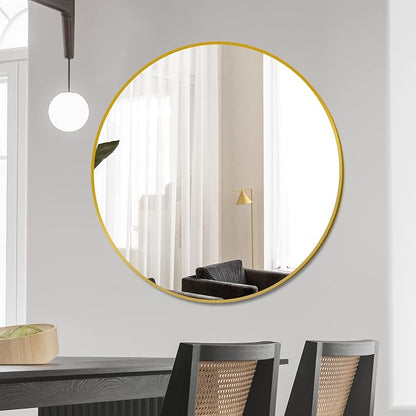 26 Inch Gold Round Circle Mirror for Bathroom Wall, Metal Frame | HD tempered glass for clear, distortion-free reflection. Mounting hardware included for vertical or horizontal wall mount.