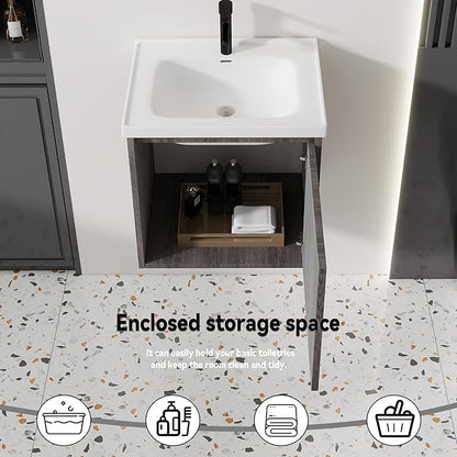 20'' Bathroom Vanity with Ceramic Sink Combo, Wall Mounted Small Bathroom Vanity with Soft-Close Door Modern Floating Cabinet, Pop-up Drain, P-Trap Included, GreyWalnut(No Faucet)