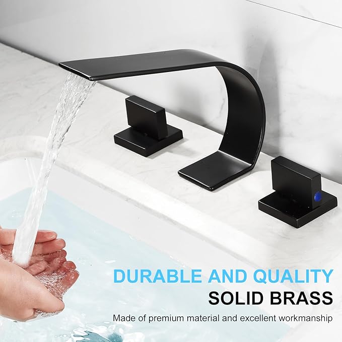 becola Black Bathroom Faucet 3 Hole,Ultrathin Low Arc 8 inch Widespread Bathroom Faucet,Waterfall Bathroom Faucet,2-Handle Modern Vanity Faucet with Hot and Cold Water Supply Hoses