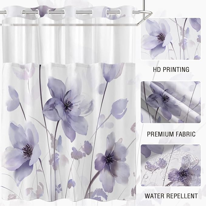 No Hook Shower Curtain and Liner Set, Purple Boho Floral 71x74 | Watercolor Boho Flower, with Snap in Liner, Waterproof, Machine Washable, Quick-Drying, for Hotel Bathroom