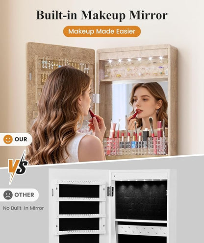 LVSOMT Over the Door Jewelry Organizer with Mirror Door Mirror with Storage | Jewelry Mirror Cabinet with Large Capacity, 6 LED Lights,Velvet Lining, Space-Saving for Bedroom, Cloakroom, Gift Women Girls