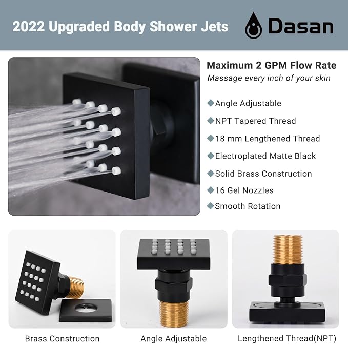 DASAN Full Body Shower System with 6 PCS Body Spray Jets & 12'' Rain Overhead Shower & Handheld, In-Wall Rain Shower System Matte Black Shower Faucets Sets Complete with Valve, SA-SS03AMB-S12W