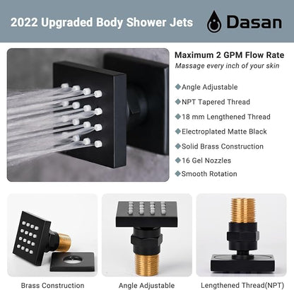DASAN Full Body Shower System with 6 PCS Body Spray Jets & 12'' Rain Overhead Shower & Handheld, In-Wall Rain Shower System Matte Black Shower Faucets Sets Complete with Valve, SA-SS03AMB-S12W