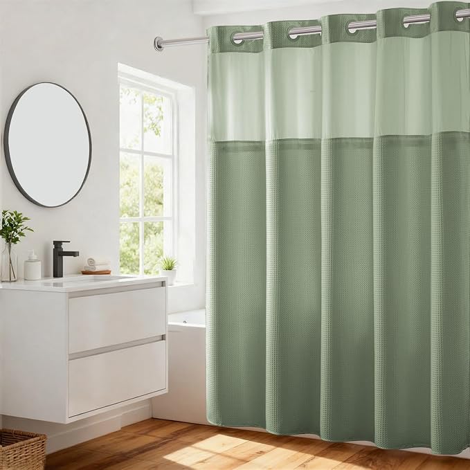 RiverDream Heavyweight Waffle No Hook Shower Curtain with Liner,Green,71x74 | Dotted Waffle,Snap-in Liner,Heavy Duty,Quick Dry,Mesh Top Window,With Bottom Magnets,Hotel-Grade,Washable,Standard Size