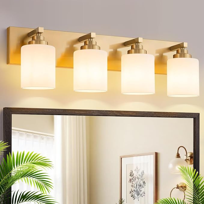 Vanity Lights for Bathroom, 4-Light Brushed Gold Bathroom Vanity Light Over Mirror with Milky White Glass Shades, Modern Bathroom Light Fixtures for Living Room Hallway Cabinet (Bulbs Not Included)