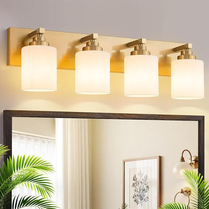 Vanity Lights for Bathroom, 4-Light Brushed Gold Bathroom Vanity Light Over Mirror with Milky White Glass Shades, Modern Bathroom Light Fixtures for Living Room Hallway Cabinet (Bulbs Not Included)
