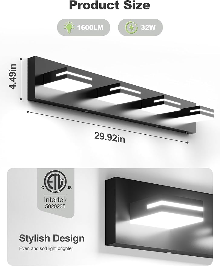 VOLISUN Modern 30-Inch 4-Light Black LED Bathroom Vanity Light Fixtures Over Mirror, 5CCT Dimmable, ETL Certificated
