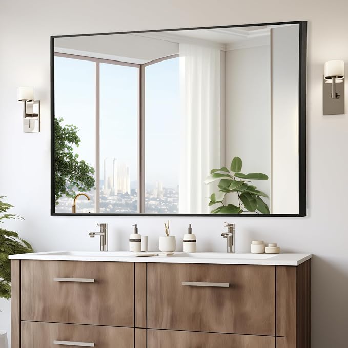 Black Bathroom Mirror, 22"x30" Rectangle Mirror, Matte Black Mirror, Metal Frame Square Corner Vanity Mirror, Wall Mounted Mirror for Modern, Living Room, Bedroom, Horizontal Or Vertical