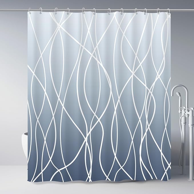 Striped Shower Curtain for Bathroom, Ombre Blue, 72" W x 72" L | with Hooks, Modern Hotel Style, Water Repellent, Washable, Weighted Hem
