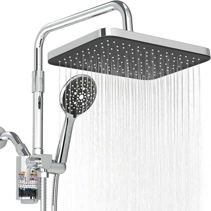 12 Inch Shower Head with Filters Rain Shower Head with Handheld Spray Combo | Filtered Shower Heads with Handheld,High Pressure Rainfall Dual Showerhead,Adjust Height and Angle of Extension Arm,Chrome