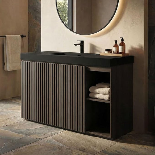 48" Bathroom Vanity with Sink Combo, Mid Century Modern Bathroom Cabinet with Doors & Open Shelf, Matte Black Integrated Sink with Overflow, Dark Grey Oak