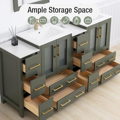 HOMEBEYOND 72 Inch Modern Bathroom Vanity with Sink & Mirror, Double Sink Vanity Cabinet with Basin and Mirror, Dove-Tailed Drawers, Soft-Closing Doors, Wood, Vintage Green