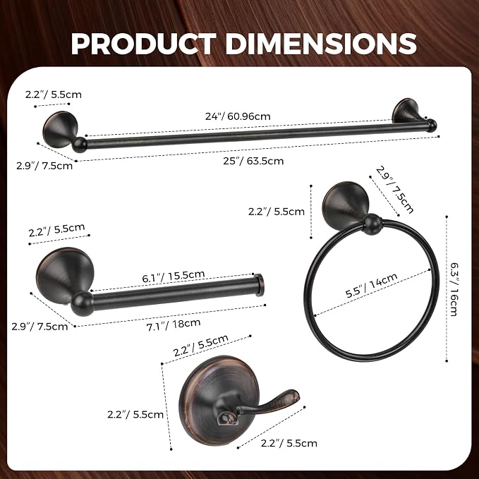 Bathroom Towel Bar Accessories Set，Oil Rubbed Bronze Bathroom Hardware Set, Includes 24In Towel Bar, Towel Ring, Robe Towel Hooks,Toilet Paper Holder, Bathroom Towel Rack Set