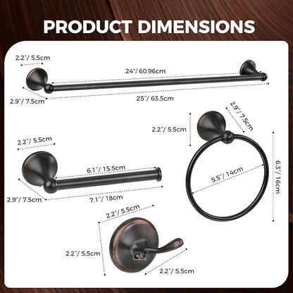 Bathroom Towel Bar Accessories Set，Oil Rubbed Bronze Bathroom Hardware Set, Includes 24In Towel Bar, Towel Ring, Robe Towel Hooks,Toilet Paper Holder, Bathroom Towel Rack Set