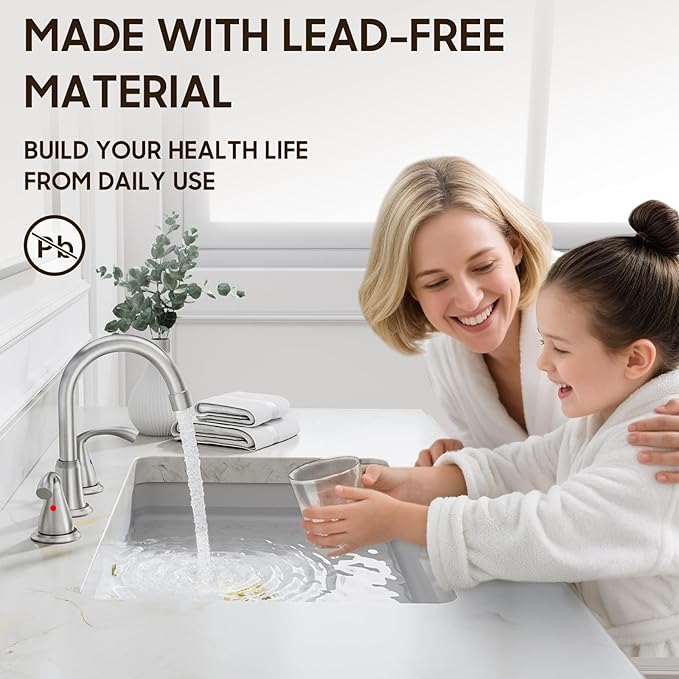 Phiestina 8 Inch Brushed Nickel Widespread Bathroom Sink Faucet, 2 Handle 3 Hole Bathroom Faucet with Metal Pop up Drain and Water Supply Lines, WFJC180-BN
