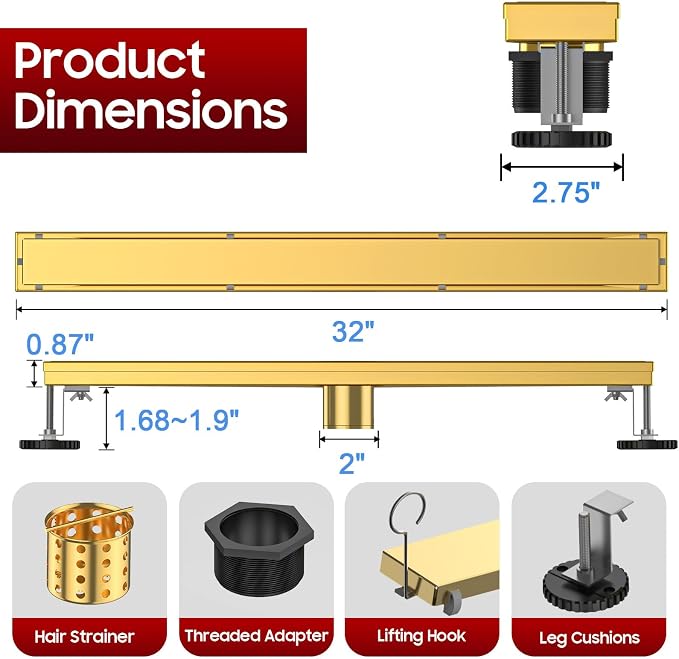 DLONE® Linear Shower Drain - 32 Inch Brushed Gold, with Tile Insert Panel | AISI 304 Stainless Steel Linear Drain, Rectangle Shower Floor Drain, with Adjustable Feet, Fits Bathroom & Balcony etc
