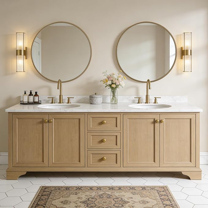 Round Wood Mirror, 32" Round Modern Decoration Large Circle Wall Mirror for Bathroom Living Room Bedroom Entryway, Honey