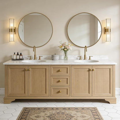 Round Wood Mirror, 32" Round Modern Decoration Large Circle Wall Mirror for Bathroom Living Room Bedroom Entryway, Honey