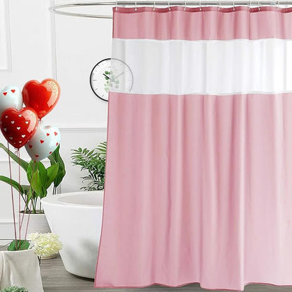 UFRIDAY Extra Long Pink Shower Curtain Liner 72x84 inches,Washable Polyester Shower Curtains for Bathroom with See Through Mesh Window and Hooks