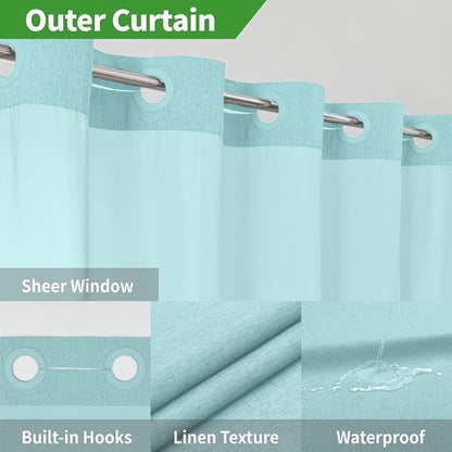 eachope No Hook Linen Texture Shower Curtain with Snap-in Liner,71x74 Teal | 230GSM Thick Fabric,Hotel Luxury Decor,Mesh Top Window,Magnetic Weighted Hem,Waterproof & Machine Washable,for Bathroom