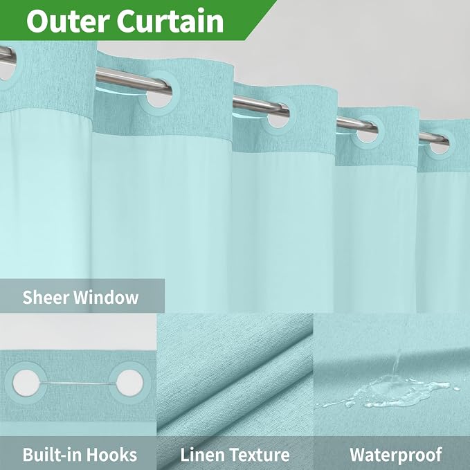 eachope No Hook Linen Texture Shower Curtain with Snap-in Liner,71x86 Teal | Extra Long,230GSM Thick Fabric,Hotel Luxury Decor,Mesh Top Window,Bottom Magnetic,Waterproof & Machine Washable,for Bathroom