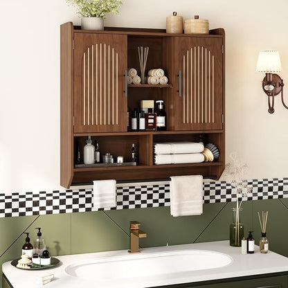 RUSTOWN Fluted Bathroom Wall Cabinet, Mid-Century Modern Medicine Cabinet with Adjustable Shelves & Towel Bar,3-Tier Wall Mounted Cabinets, Over The Toilet Storage Cabinets for Bathroom, Dark Walnut