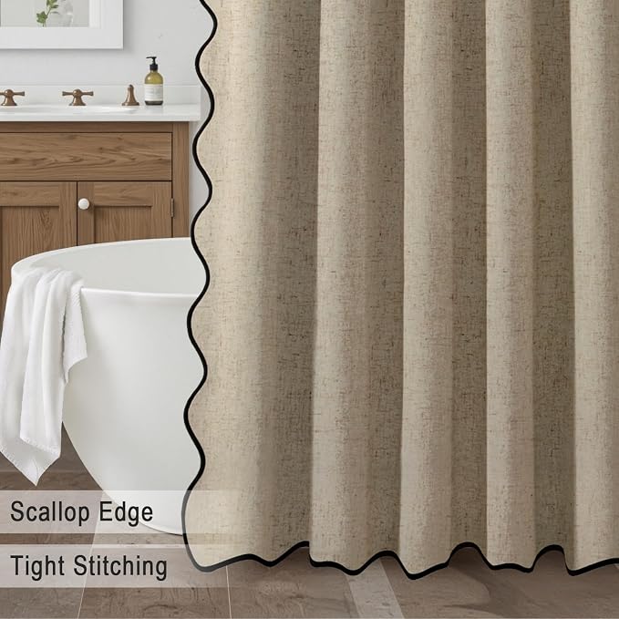 Scalloped Shower Curtain Linen Boho Flax Khaki 72" W x 72" L | Linen Fabric, Black Border, Washable, Heavy Duty Cloth, Shower Curtain for Boho Farmhouse Bathroom Bathtub