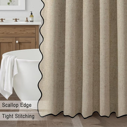 Scalloped Shower Curtain Linen Boho Flax Khaki 72" W x 72" L | Linen Fabric, Black Border, Washable, Heavy Duty Cloth, Shower Curtain for Boho Farmhouse Bathroom Bathtub