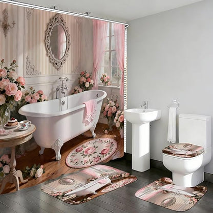 DDQQ 4 Pcs Pink Rose Shower Curtain Floral Bathroom Sets with Shower Curtain and Rugs Romantic Flowers Shower Curtain Set Women Bathroom Decor Bathroom Rug Set Toilet Lid Cover Hooks