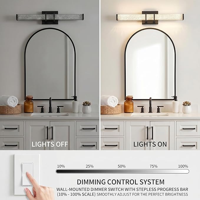 URSOLA 48" Modern LED Bathroom Light Fixtures, Matte Black 3CCT Dimmable Bathroom Vanity Light Over Mirror, Bathroom Vanity Bath Bar Lights with Crystal Acrylic Shade