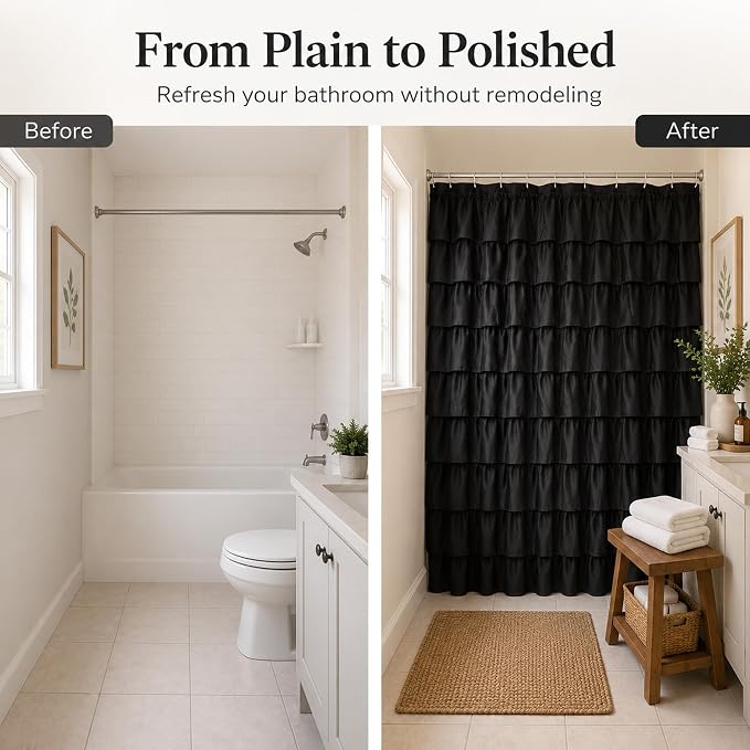 Black Ruffle Shower Curtain for Bathroom, 72x72, Cascading Layered Ruffles | Flowing Ruffle Drape, 72 x 72 inch, 7ft, 12 Plastic Hooks Included, Machine Washable, Soft Brushed Microfiber Fabric