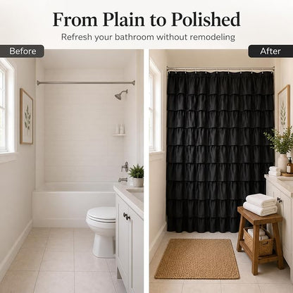 Black Ruffle Shower Curtain for Bathroom, 72x72, Cascading Layered Ruffles | Flowing Ruffle Drape, 72 x 72 inch, 7ft, 12 Plastic Hooks Included, Machine Washable, Soft Brushed Microfiber Fabric