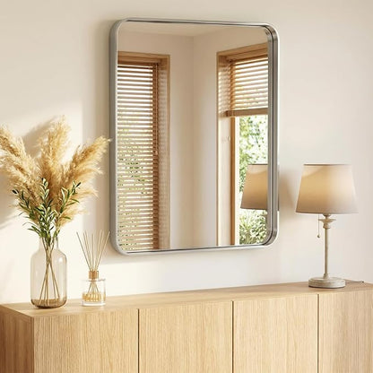 Sweetcrispy Bathroom Mirror 36x28 Inch, Vanity Mirror for Wall | Metal Framed Rounded Rectangle, Over Sink, Farmhouse, Restroom, Anti-Rust, Horizontal or Vertical Hanging, Silver