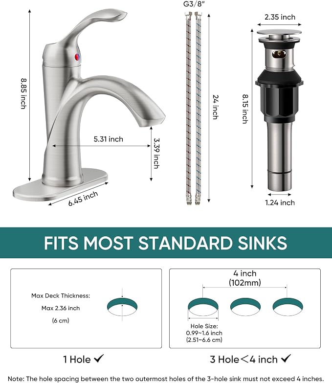 Brushed Nickel Bathroom Faucet 1 Hole One-Handle Lever Bathroom Sink Faucet | Bath Rustic Lavatory Basin Mixer Tap with Pop Up Drain with Overflow Supply Hose by Homevacious