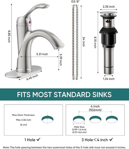 Brushed Nickel Bathroom Faucet 1 Hole One-Handle Lever Bathroom Sink Faucet | Bath Rustic Lavatory Basin Mixer Tap with Pop Up Drain with Overflow Supply Hose by Homevacious