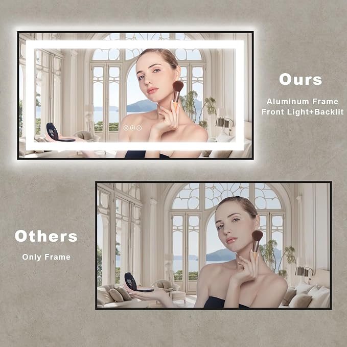 OKPAL LED Bathroom Mirror with Lights, 48x32 Black Frame LED Vanity Mirror, Lighted Mirrors for Bathroom Wall, Front and Backlit, Dimmable, Anti-Fog, 3 Colors, Shatterproof, ETL Listed