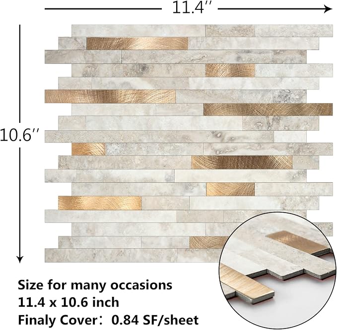 KASARO 6-Sheet Peel and Stick Backsplash Tiles for Kitchen, Marble Beige with Vintage Golden Embellished Stripes, Self-Adhesive Aluminum Wall Tile Stick on Bathroom, Fireplace, RV