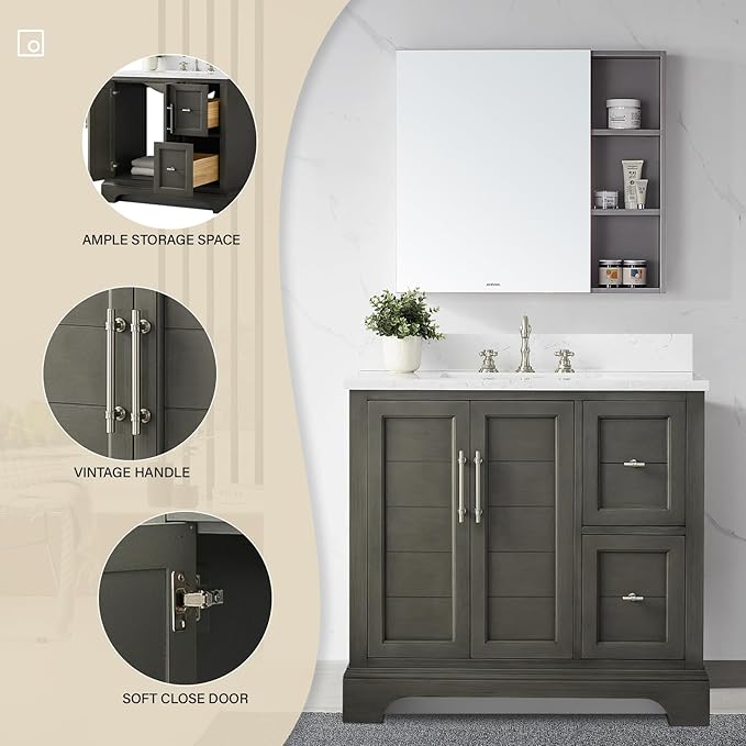 HOMEBEYOND 36 Inch Bathroom Vanity with Single Sink & Ceramic Top, Vanity Cabinet with Center Countertop Basin, Soft-Closing Doors, Backsplash,Sliver Grey