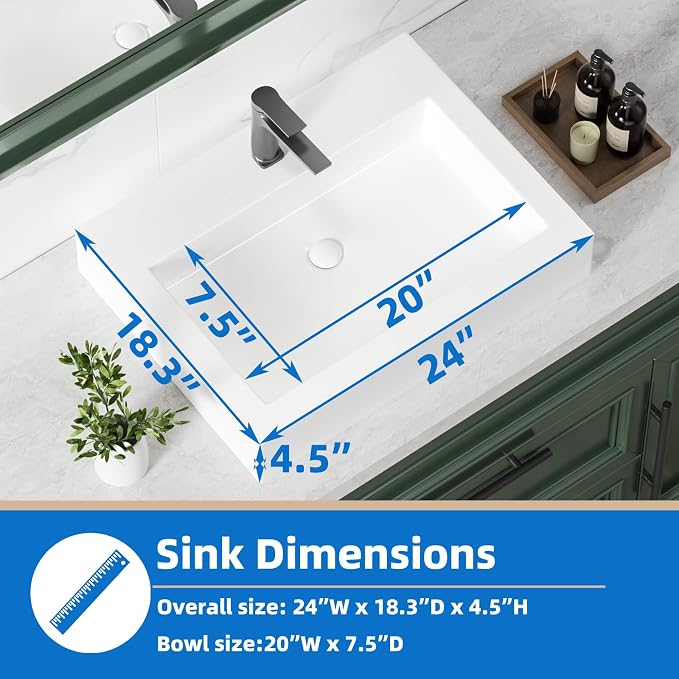 KINGWONG 24" x 18.3" Rectangular Ceramic Vessel Sink, White Bathroom Sink Above Counter, No Overflow Single Hole Basin for Vanity Top, High Temp Fired Porcelain, Stain Resistant Glossy Easy to Clean