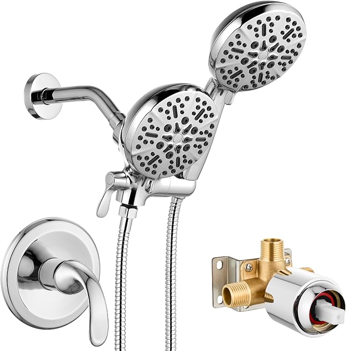 gotonovo Dual Shower Head with Valve 6 Mode Handheld Spray Polished Chrome | 6 Mode ABS Rain Head with Handheld Spray,2 in 1 Bathroom Trim Kit,Shower Head and Handle Set,Brass Rough-in Valve,Wall Mount