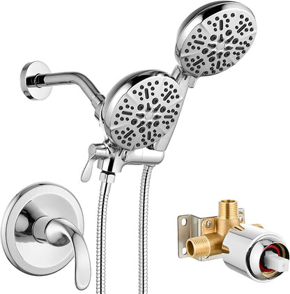 gotonovo Dual Shower Head with Valve 6 Mode Handheld Spray Polished Chrome | 6 Mode ABS Rain Head with Handheld Spray,2 in 1 Bathroom Trim Kit,Shower Head and Handle Set,Brass Rough-in Valve,Wall Mount