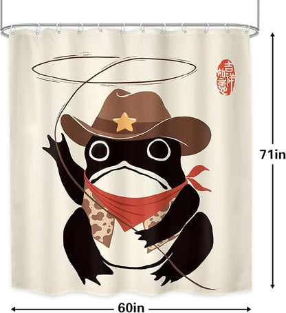 LGhtyro Funny Cowboy Frog Shower Curtain Bathroom Set 60Wx71H Inches Western Rodeo Animal Cute Hat Retro Asian Traditional Japanese Art Bath Accessories Black Beige Art Home Decor Fabric 12 Pack Hooks