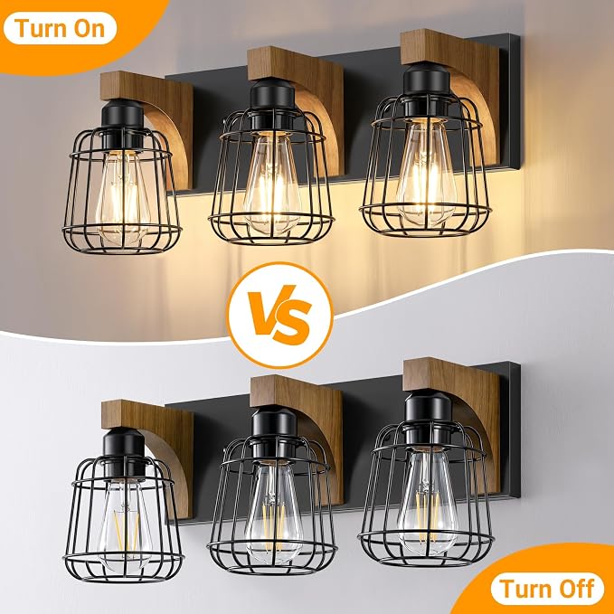 Dpyrrhic 3-Light Bathroom Light Fixtures, Wood Bathroom Wall Lights, Modern Bathroom Vanity Light with Cage Metal Shade, Bathroom Wall Lamp for Mirror Kitchen Bedroom Living Room
