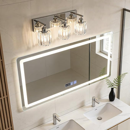 Brushed Chrome Crystal Bathroom Vanity Light, 3-Light Modern Bathroom Lighting Fixtures Over Mirror,Chrome Wall Sconce Light Fixtures with Round Shade