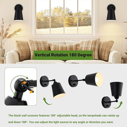 Dimmable Wall Sconces Set of Two, Bedside Wall Mount Lamp with Rotary Switch, Black Bathroom Vanity Lights with Metal Shade, Hardwired Swing Arm Wall Lights for Bedroom Living Room Hallway