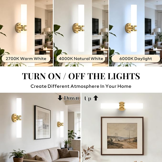 Wall Sconces Set of 2 Hardwired Bathroom Light Fixtures E26 Base | Brushed Gold, 22Inch, Modern Vanity Wall Lighting with Milky White Glass Shade, for Mirror Bedroom Living Room Hallway