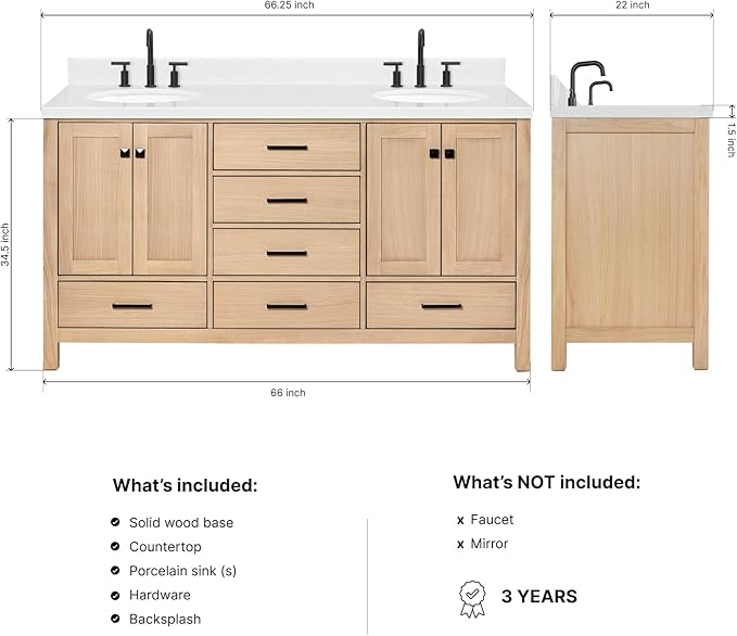 ARIEL Cambridge 66-inch Bathroom Vanity with Sink,Solid Wood, 1.5-inch Carrara White Quartz Countertop & Backsplash, Double Oval Porcelain Sink, 4 Soft Closing Doors, 6 Dovetail Drawers, White Oak