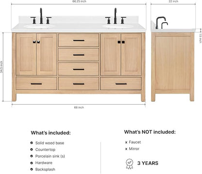 ARIEL Cambridge 66-inch Bathroom Vanity with Sink,Solid Wood, 1.5-inch Carrara White Quartz Countertop & Backsplash, Double Oval Porcelain Sink, 4 Soft Closing Doors, 6 Dovetail Drawers, White Oak