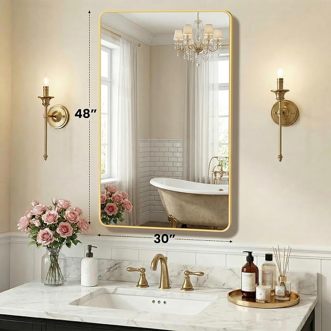 OLIXIS 48x30 Inch Bathroom Wall Mount Mirror with Rounded Rectangle, Gold | Modern Wall Vanity Mirrors for Over Sink with Matte Brush Metal Framed, for Home Decor, Living Room, Bedroom