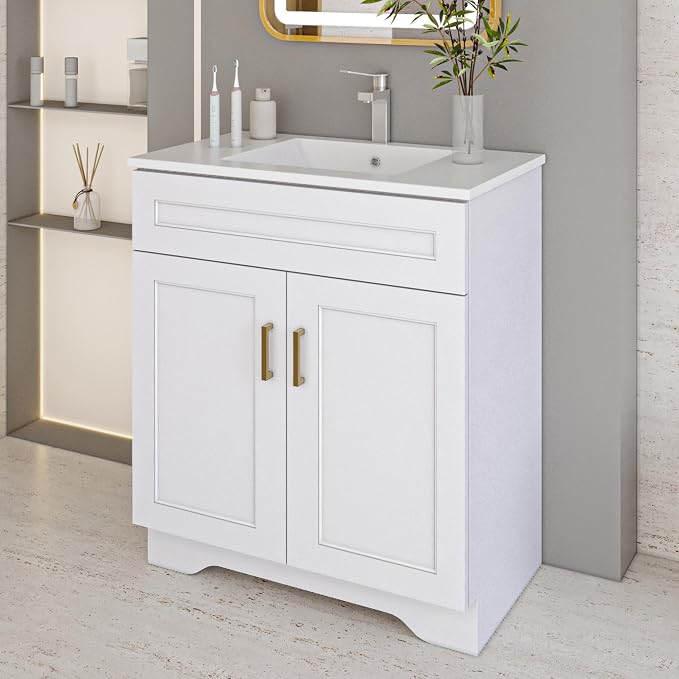 24 Inch Bathroom Vanity, Wooden Double Door Bathroom Storage Cabinet, Freestanding Cabinet Vanity Without Sink (White Without Sink, 24")